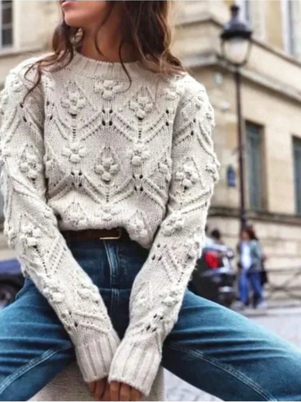 Zara Cable Knit Pom Pom Crewneck Sweater Beige Oversized Large